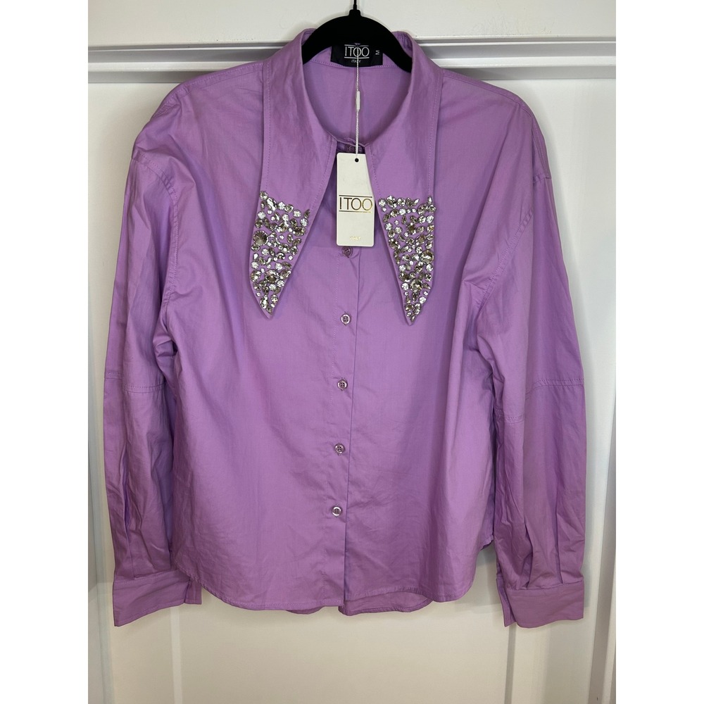 NEW I TOO Italy Purple Cotton Rhinestone Embellished Point Collar Shirt Medium